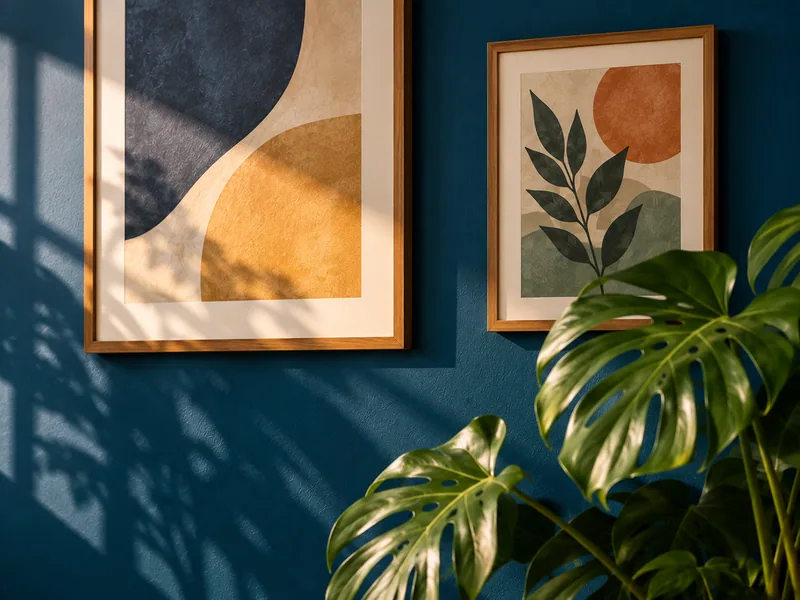 A rich wall colour that lets artwork and plants carry the room.