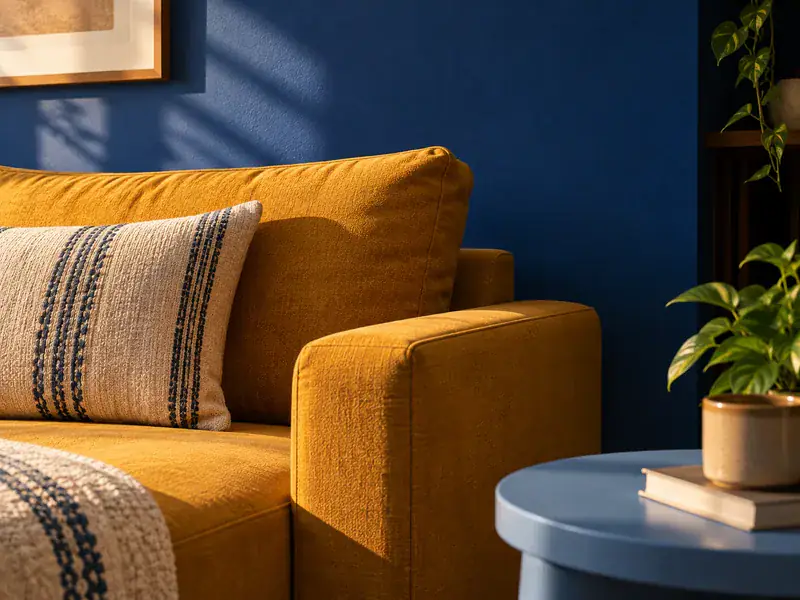 Warm ochre against a cool blue — a reliably flattering pairing.