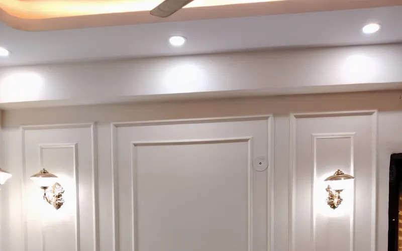 Living room feature wall in moulded white panelling with two wall lights